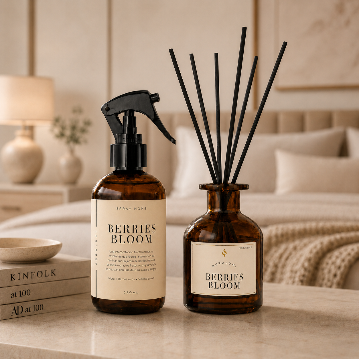 Pack Berries Bloom Aromatizador + Difusor de varitas Frasco Ambar