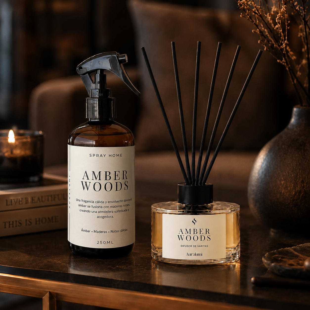 Pack Amber Woods Aromatizador + Difusor de varitas